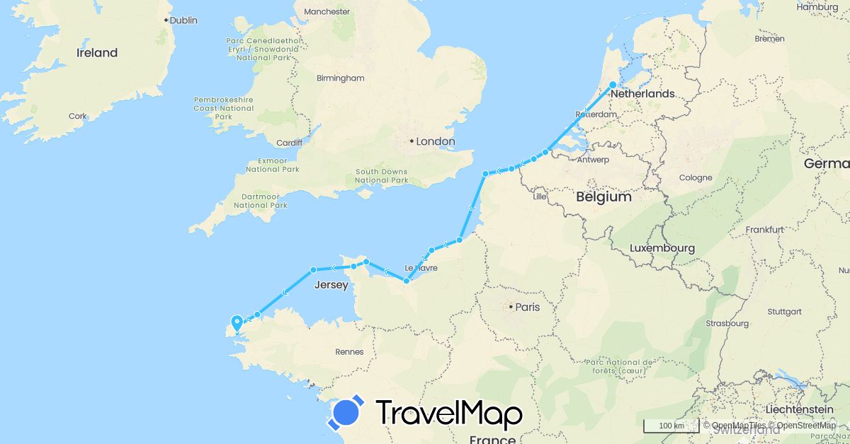 TravelMap itinerary: driving, boat in Belgium, France, Guernsey, Netherlands (Europe)